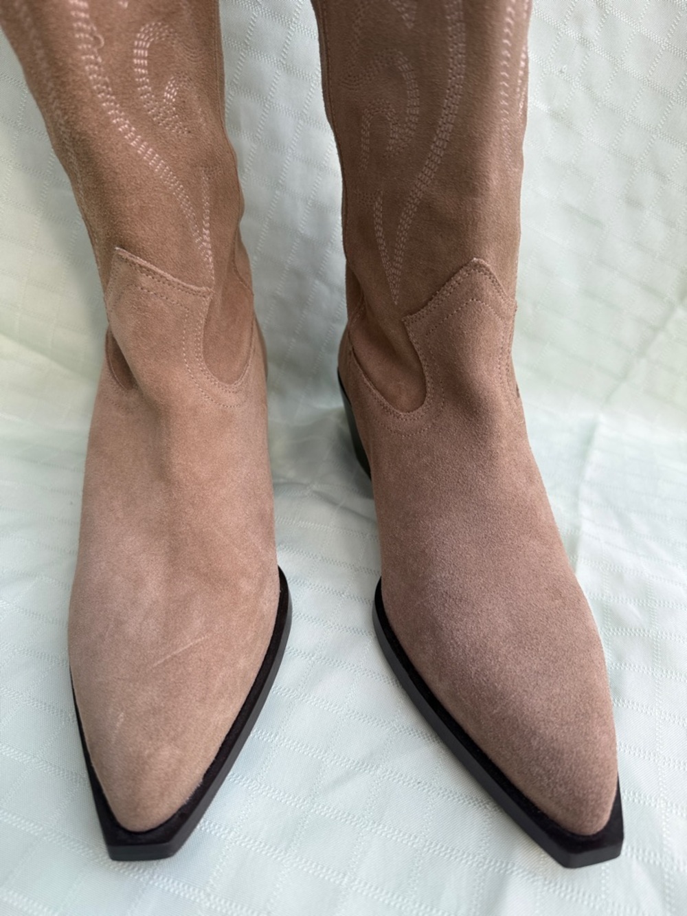 New Zara Taupe Suede Knee-High Western Boots - Picture 3 of 11